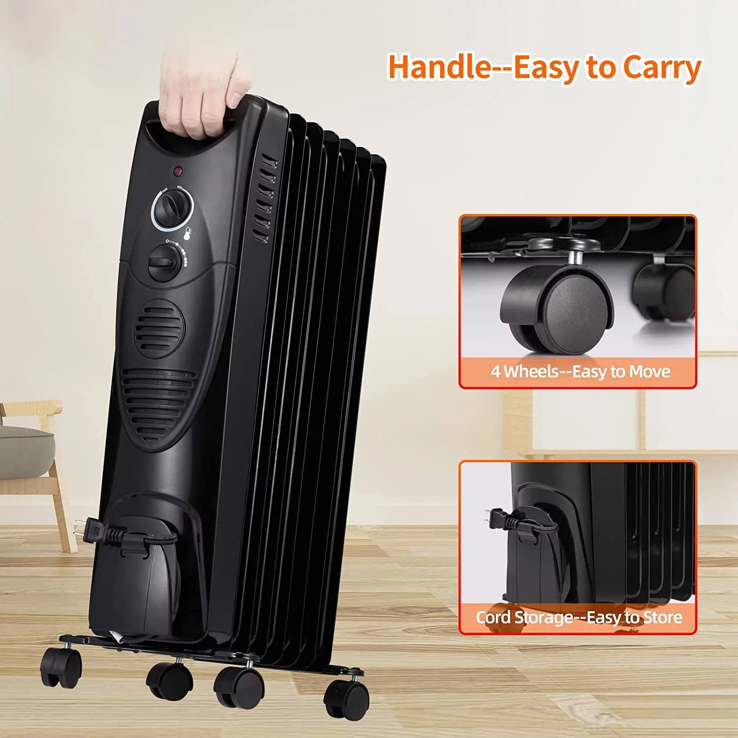 1500W Oil Filled Radiator Heater, Portable Electric Heater with 3 Heat Settings, Adjustable Thermostat, Overheat & Tip-Over Protection, Oil Heaters for indoor use (Black)