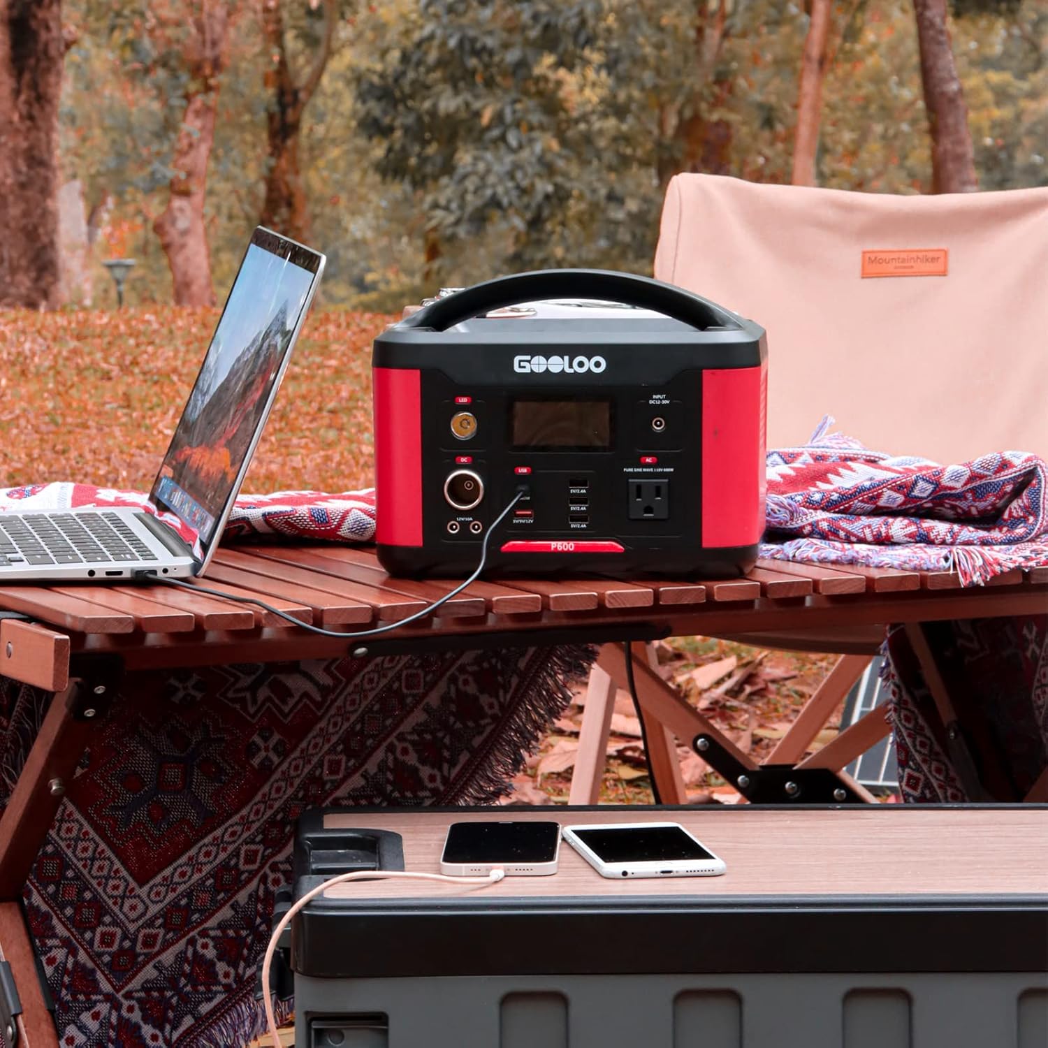 GOOLOO Portable Power Station P600, 626Wh Outdoor Generator with 110V/600W AC Outlets & LED Flashlight,PD 60W Input/Output, QC 3.0 Port, SuperSafe Backup Lithium Battery for Outdoor RV/Van Camping, Emergency