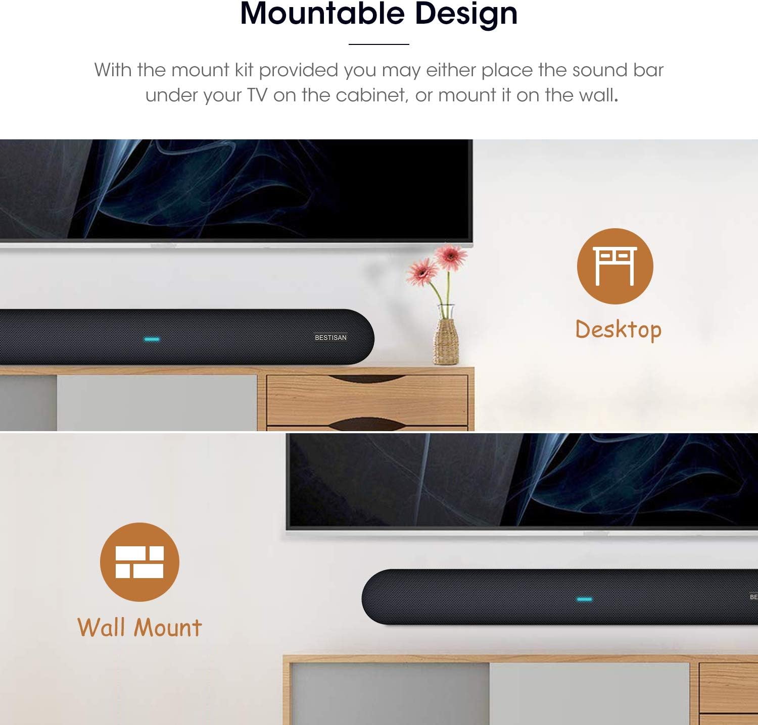 Sound bar, Bestisan Soundbar TV Sound bar Wired and Wireless Bluetooth Audio Speakers(28 Inches, 4 Drivers, Bluetooth 5.0 Version, Optical Cable Included, Bass Adjustable) Pack of 2