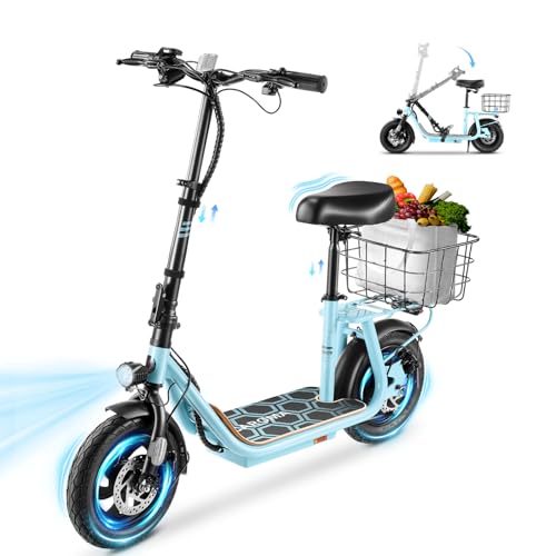 Caroma Peak 800W/1200W Electric Scooter Adults, 30 Miles Max Range, Foldable Electric Scooter with Seat, Front Suspension, Detachable Large Basket,Commuter E-Scooter for Adult and Teens