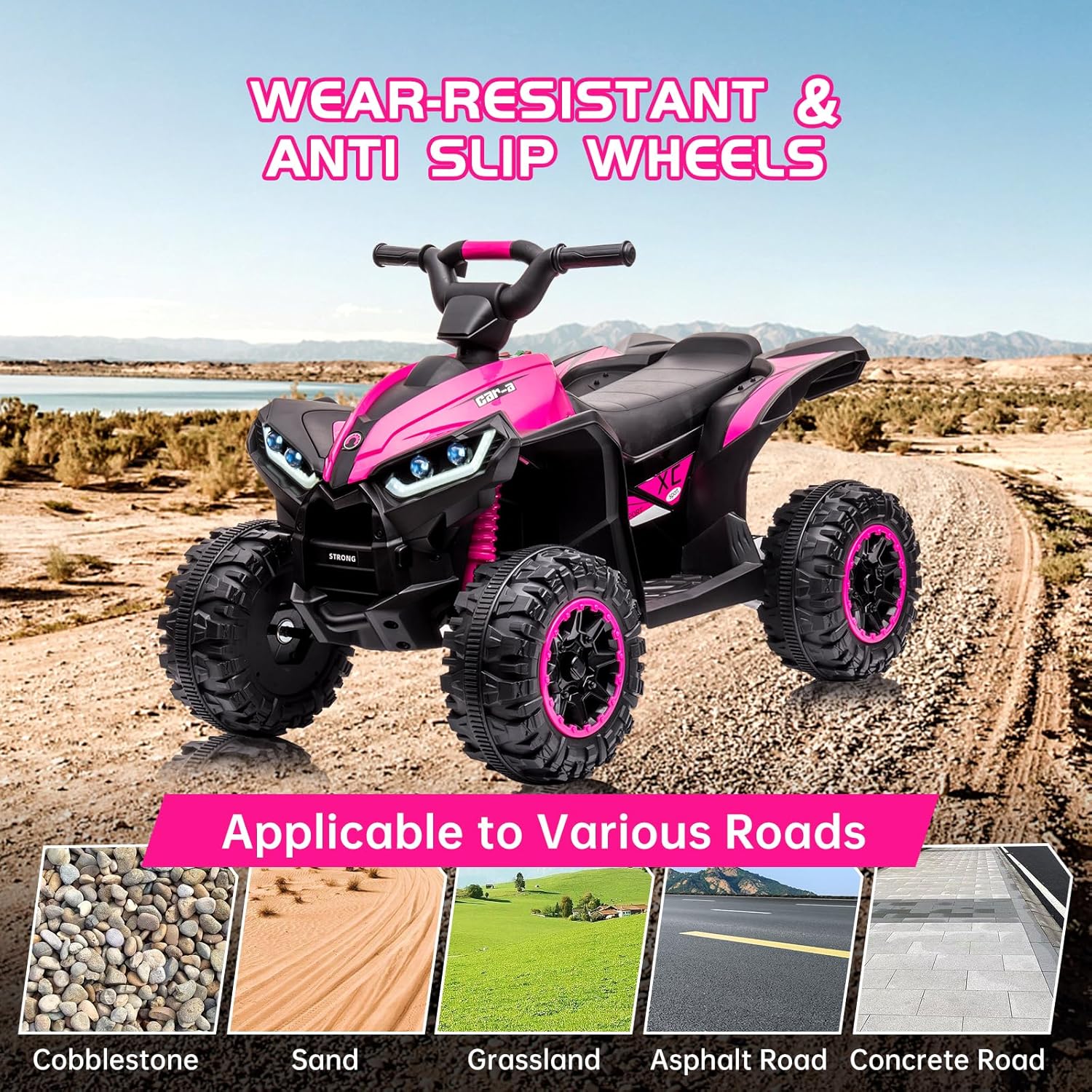 Four Wheeler for Kids, Electirc Toddler 4 Wheeler for Kids 3-8, Ride on ATV 12v Battery Bowered, Kids Quad with LED Lights, Music, High Low Speed, USB, Treaded Tires, Pink