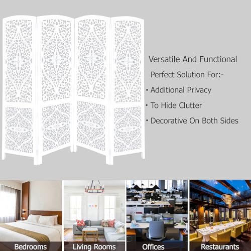 Room Divider Wood Screen - Ghanti Bells Antique Brown - 4 Panel Folding 72 x 80 - Assembled Hand Carved Decorative Functional Versatile Portable Partition Reversible Privacy Boho - COTTON CRAFT