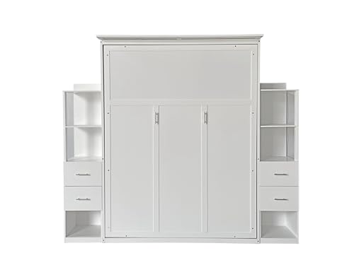 Queen Size Murphy Bed Wall Bed with 2 Side Cabinet Storage Shelf & Desk Combo,68-inch Vertical Wall Bedframe w/Can Be Folded for Bedroom Guest Room Small Space, White