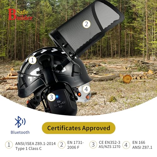 Forestry Chainsaw Tree Work Safety Helmet Vented Hard Hats w/Visor Bluetooth Ear Muffs Face Shield Outdoor Hardhats Vented ANSI Z89.1