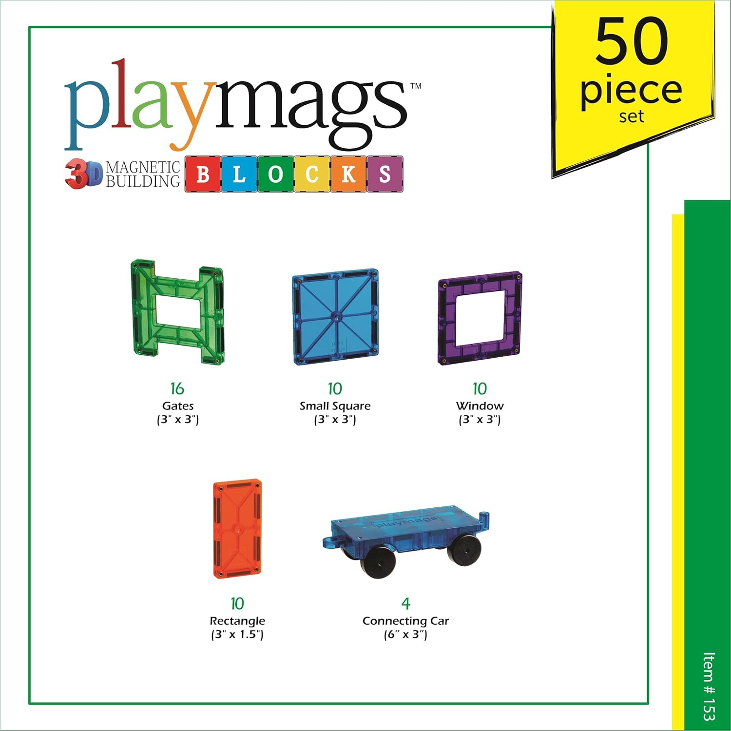 Award Winning Playmags Clear Colors Magnetic Tiles Building Set 50 + 6 Pc Set with Car - STEM Magnetic Toys Develop Motor Skills & Creativity, Colorful, Durable Magnet Building (56 Pc Set)