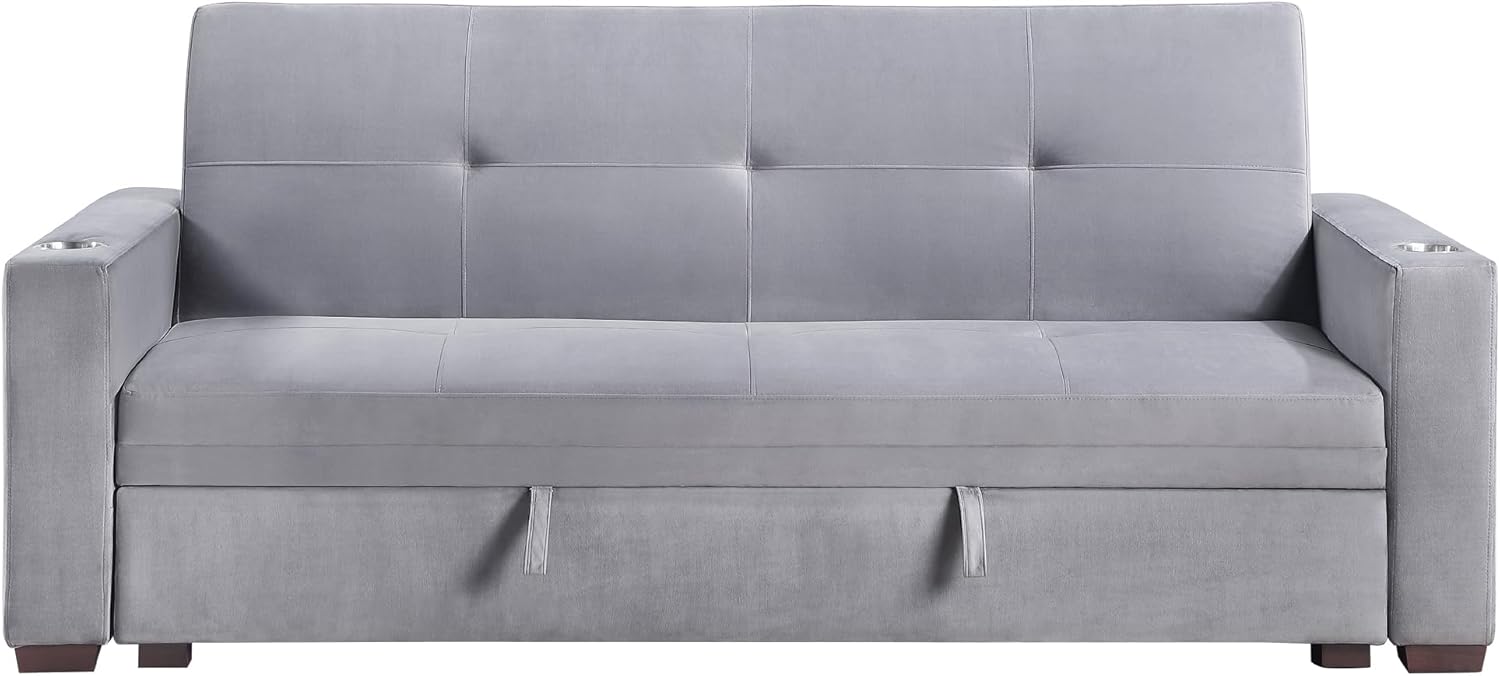 Lexicon Futon Sofa Bed, 83.5" Couch, Sleeper Sofa, Velvet Futon with Storage, Armrest, Two Cup Holders and USB Ports, Sofa Cama, Couches for Living Room and Bedroom, Grey