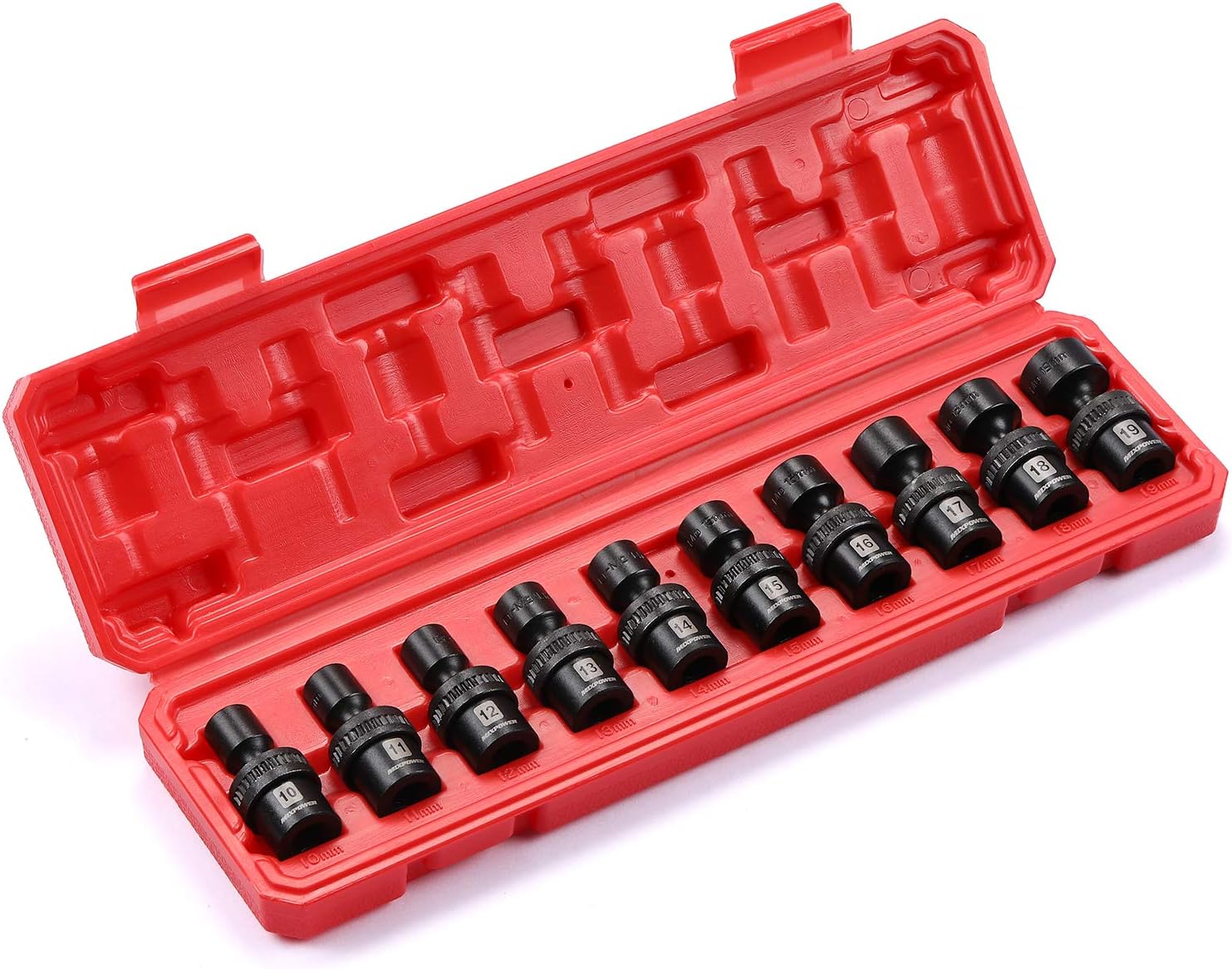 MIXPOWER 10-piece 3/8" Drive Shallow Universal Impact Socket Set, Metric,10-19mm, Swivel Socket with Flexible Wobble, CR-MO
