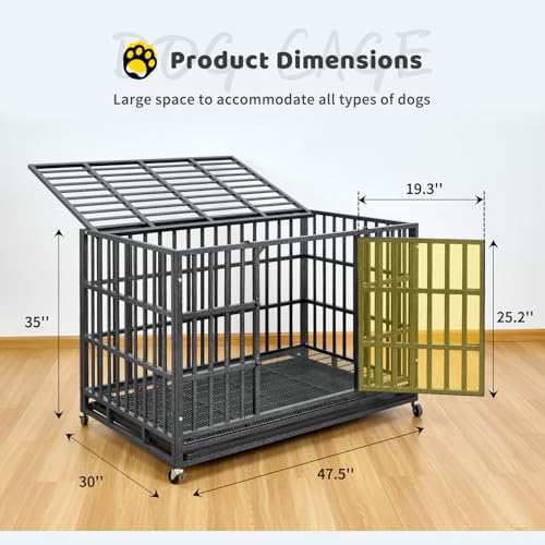 Upgrade 48 Inch Heavy Duty Indestructible XL Dog Crate Steel Escape Proof, Indoor Double Door High Anxiety Cage, Kennel with Wheels, Removable Tray, Extra Large XL XXL