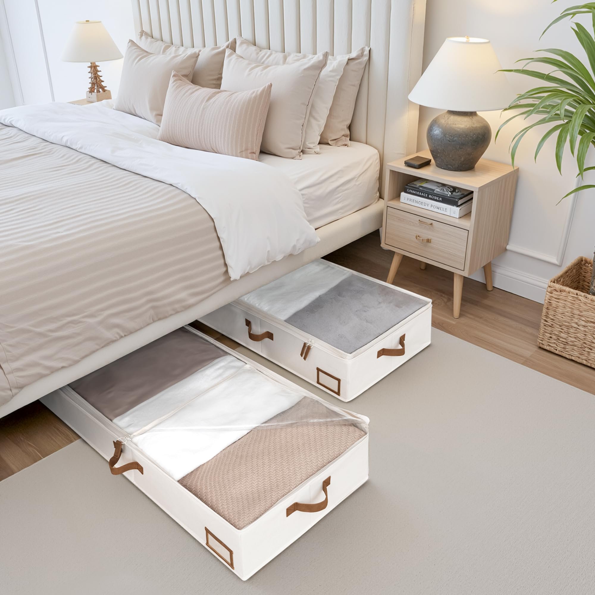 Foldable underbed storage bins, 2 pack fabric organizers with label holder, extra thick for clothes blankets shoes, easy carry handles, beige