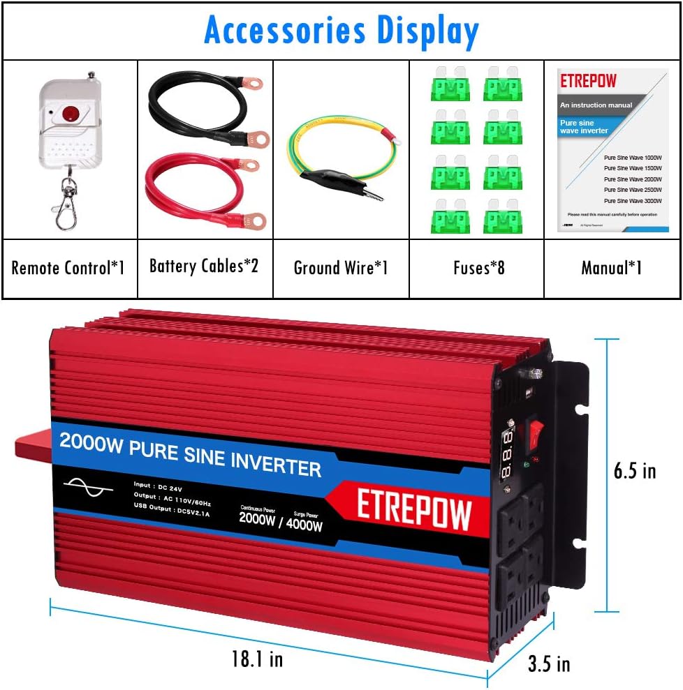ETREPOW 3000 Watt/6000 Watt Pure Sine Wave Power Inverter 12V DC to 110V /120V AC Power Converter Wireless Remote Control-Off-Grid Inverter for Outdoor ,Home,Camping, RV,Truck,Car