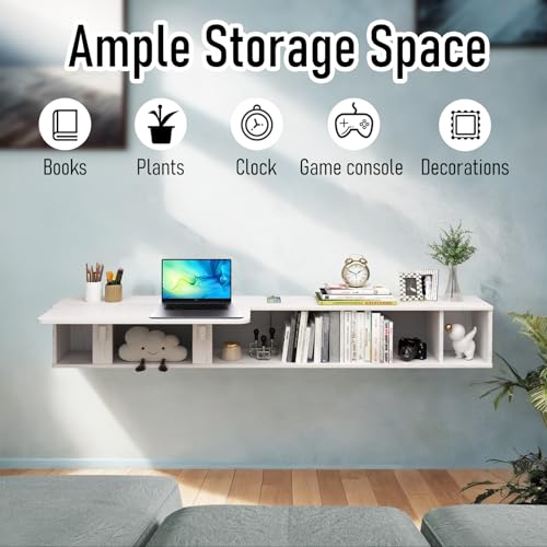 Pmnianhua 70'' Floating Desk with Storage Shelves,Wall Mounted Desk Laptop Computer Writing Study Table for Bedroom Small Space(Dark Grey)