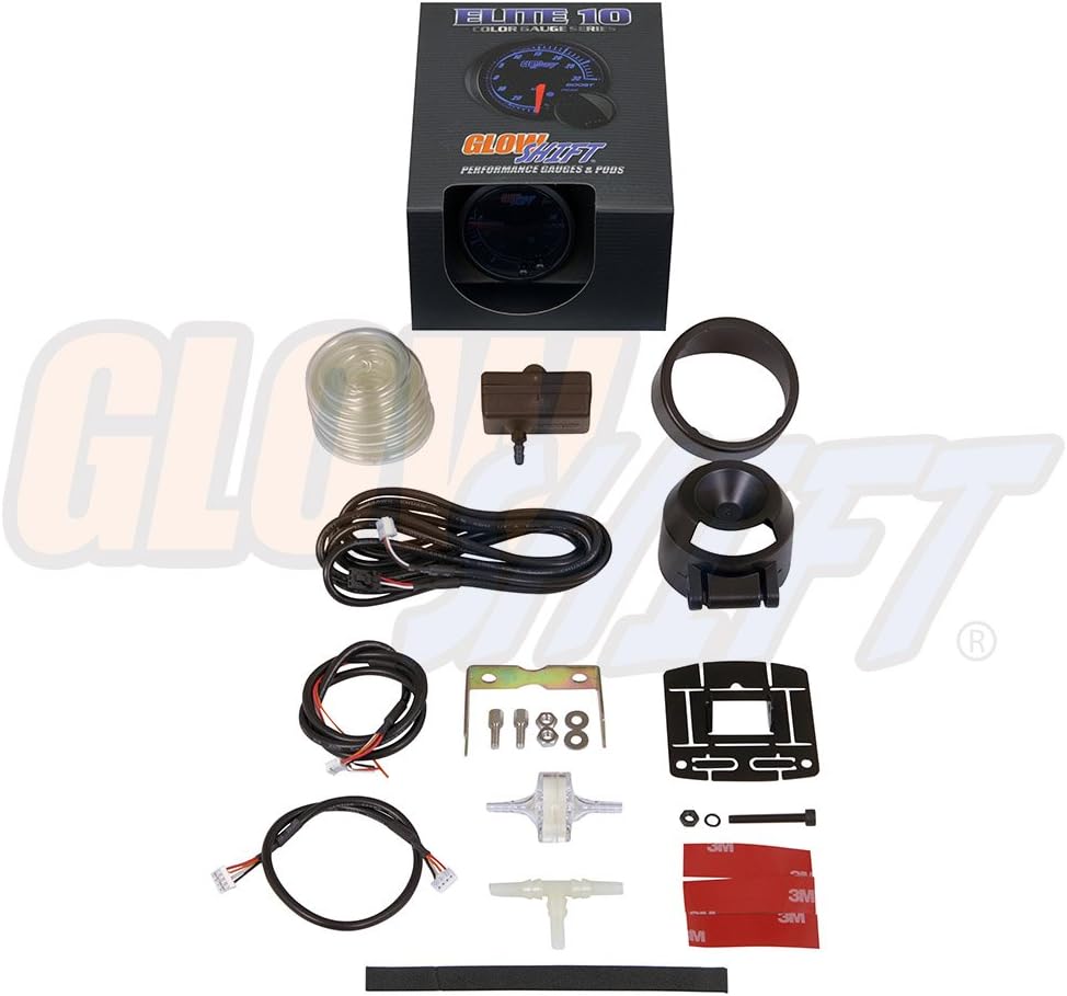 GlowShift Elite 10 Color 30 PSI Boost/Vacuum Gauge Kit - Includes Electronic Pressure Sensor - Black Dial - Tinted Lens - Peak Recall Function - for Car & Truck - 2-1/16" 52mm