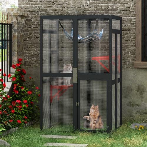 Catio Outdoor Cat Enclosure, Wooden Catio with Window Access for Patio, Indooe Kitty House (Black)