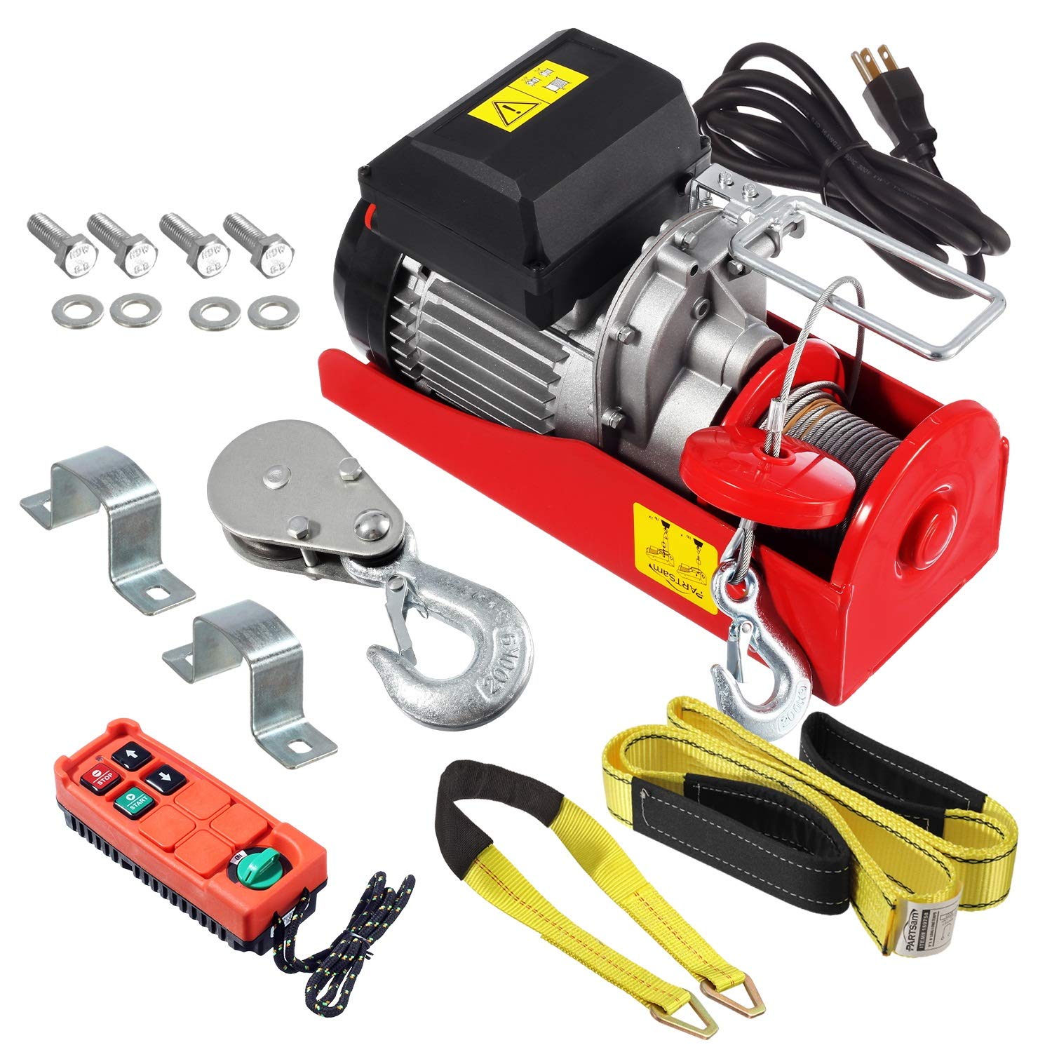 Partsam 880lbs Automatic Lift Electric Cable Hoist with Wireless Remote Control 110V Overhead Crane Garage Ceiling Pulley Winch w Towing Strap Sling, Electric Wire Rope Hoist, 38ft Lifting Height