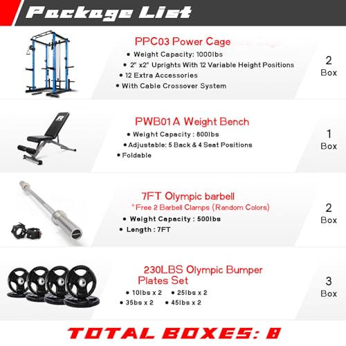 RitFit Multi-Function Squat Rack Power Cage PPC03 with Cable Crossover System, 1000LBS Capacity Power Rack and Packages with Optional Weight Bench, Barbell Weight Set, for Garage Workout & Home Gym