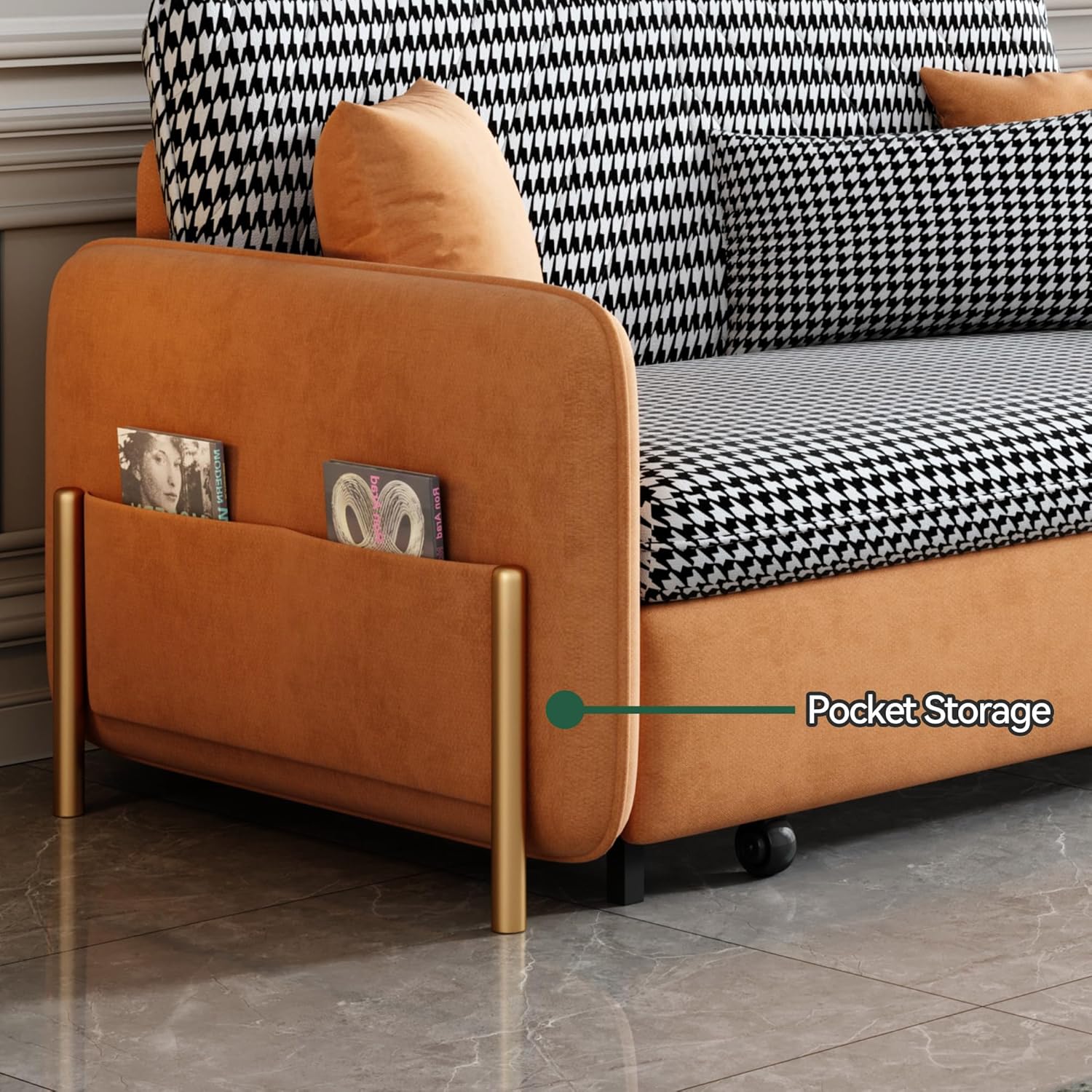53.5" Full Sleeper Sofa Orange Upholstered Convertible Sofa Bed 3 in 1 Sleeper Sofa Couch Bed, Small Tufted Velvet Convertible Loveseat Futon Sofa w/Pullout Bed, Multi-Pockets for Living Room