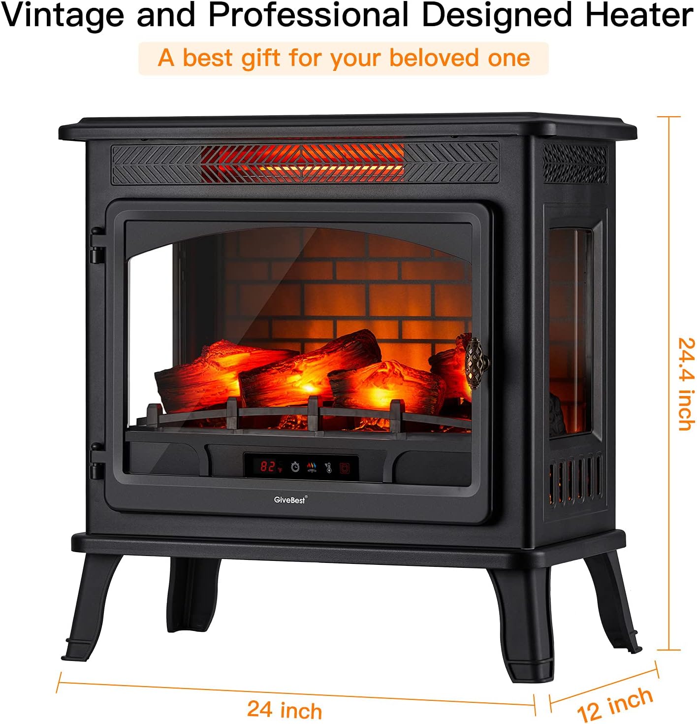 Electric Fireplace Infrared Heater, 24" Freestanding Portable Stove Heater with 3D Realistic Flame, Overheating Safety Protection with Remote Control and Timer, 1500W