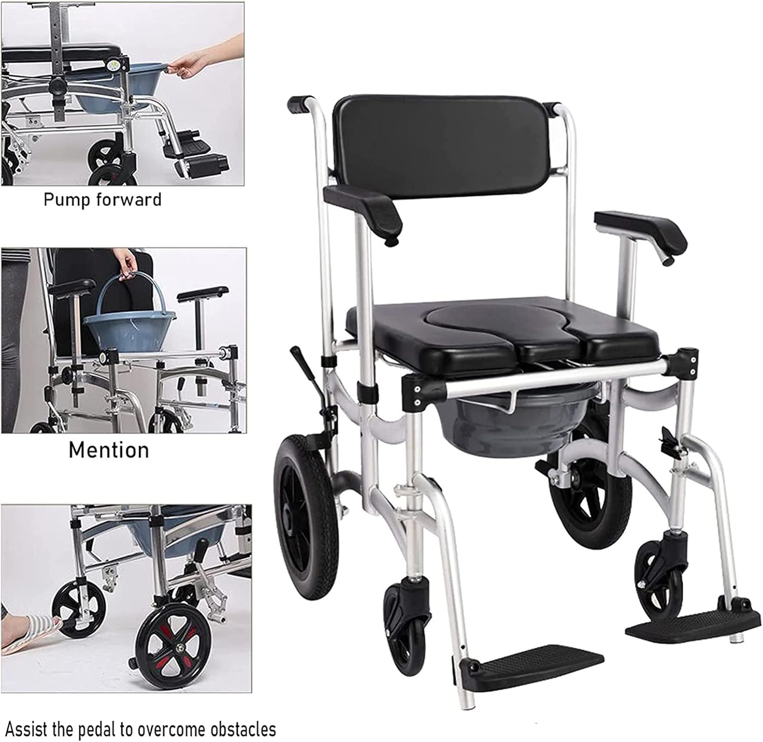 KOHARA Commode Shower Chair with Wheels, Bedside Commode/Wheelchair Padded Toilet Seat Shower Transport Chair with Arms Wheels Pedal Portable Aluminum Bath Chair for Elderly Disabled Pregnant