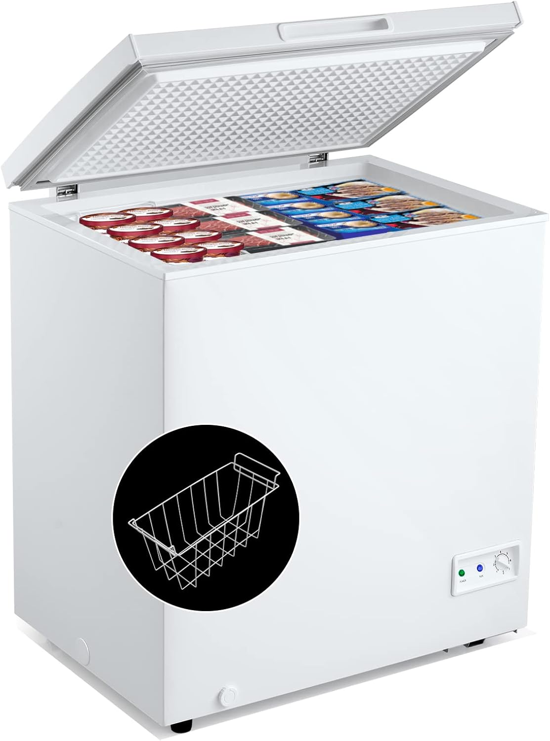 PETSITE 5 cu ft Chest Freezer, Compact Deep Freezer w/ 7-Grade Adjustable Temperature, Removable Storage Basket & 2 Wheels, Quiet & Energy-saving Freezer for Kitchen Apartment Office, White