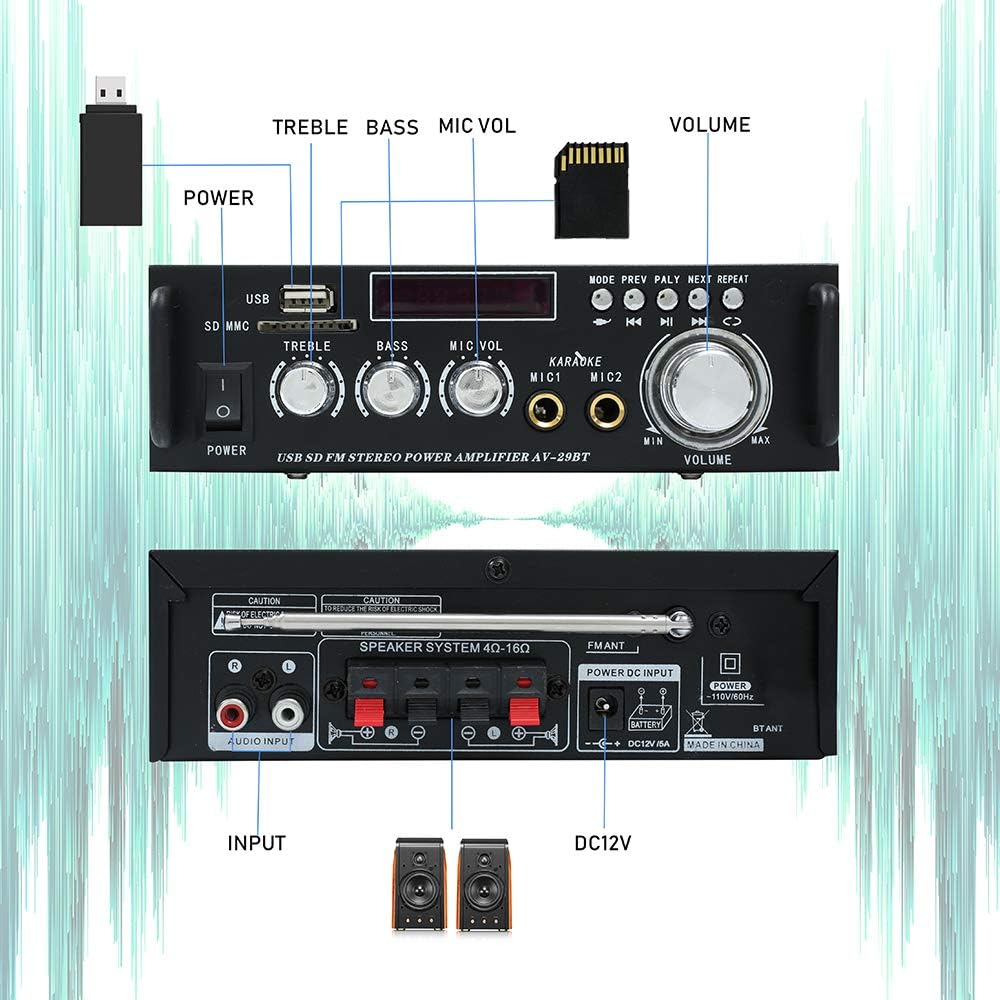 Bluetooth 5.0 Stereo Audio Amplifier Receiver – 300W HiFi Dual Channel Sound Receiver w/USB,SD Card,FM Radio,2 Microphone Input,Remote Control Mini Hi-Fi Karaoke Integrated Amp