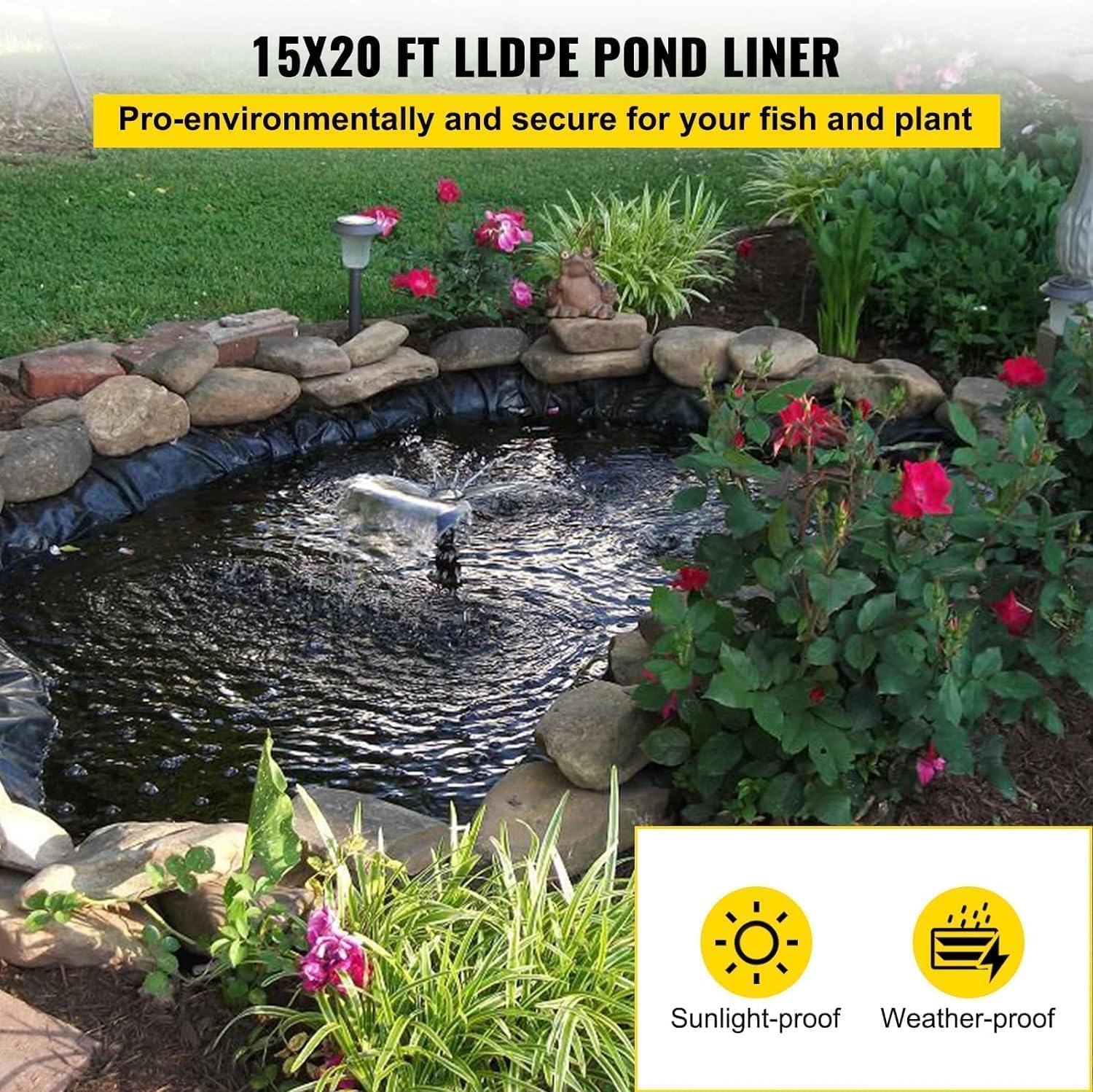 15x20 ft Pond Liner, 20 Mil Thickness, Pliable & Durable LLDEP Material, Easy Cutting & UV Resistant, for Fish or Koi, Features, Waterfall Base, Fountains and Water Gardens
