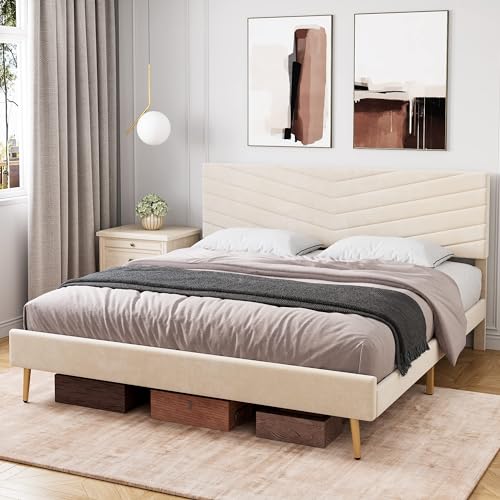 GAOMON King Size Bed Frame, Velvet Upholstered Platform Bed with Adjustable Headboard, Solid Wood Slats Support, No Box Spring Needed, Noise Free, Easy Assembly (King, Blue)