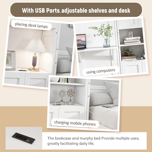 Queen Size Murphy Bed Wall Bed with 2 Side Cabinet Storage Shelf & Desk Combo,68-inch Vertical Wall Bedframe w/Can Be Folded for Bedroom Guest Room Small Space, White