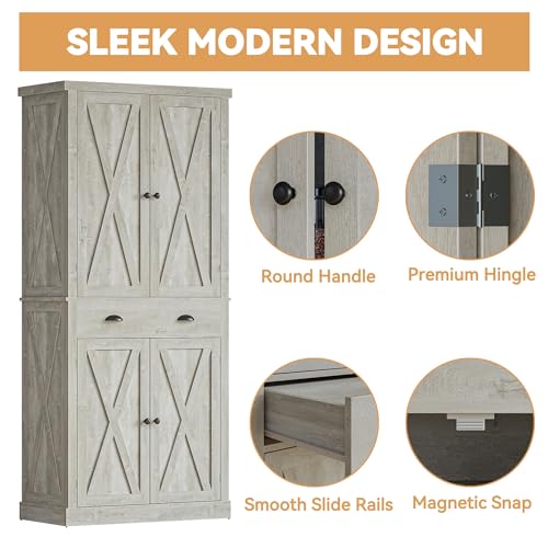 IRONCK Kitchen Pantry Storage Cabinet 72.6" H, with Barn Doors, Drawer, 4 Adjustable Shelves, Freestanding Cupboard for Dining Room Living Room, Laundry, White