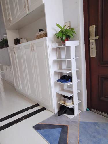 Wooden Shoe Rack, 7-Tier Small Shoe Rack for Entryway, Narrow Shoe Organizer Stand with Extra Top Storage, Multi-Function Storage Shelf for Bedroom Hallway and Closet, Space Saving (White)