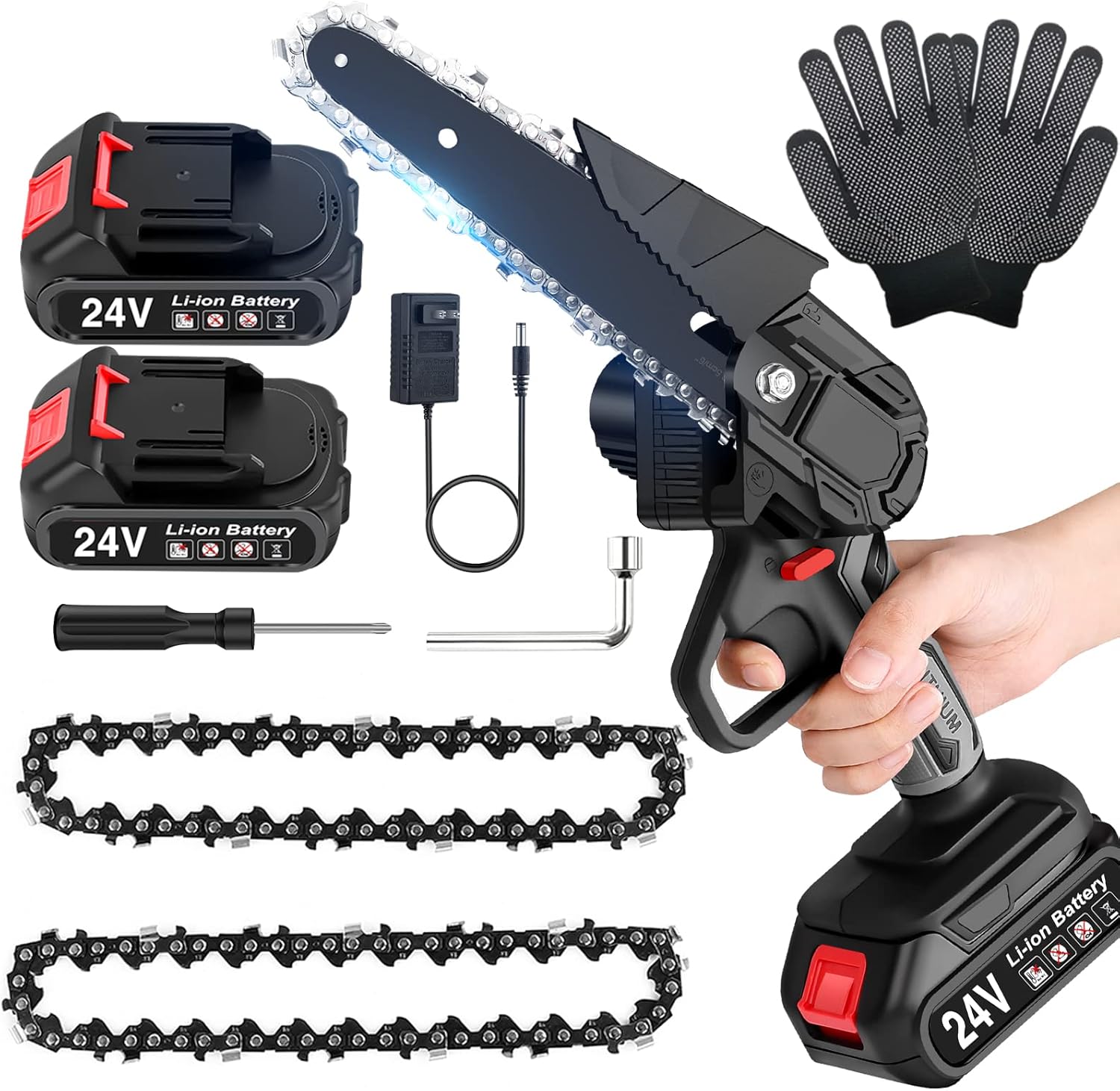 6-Inch Mini Chainsaw with Safety Lock LED light 24V Lithium Battery Cordless Electric Chainsaw Lightweight 2 Batteries and Chains Pruning Shears Chain Saw Pack of 2