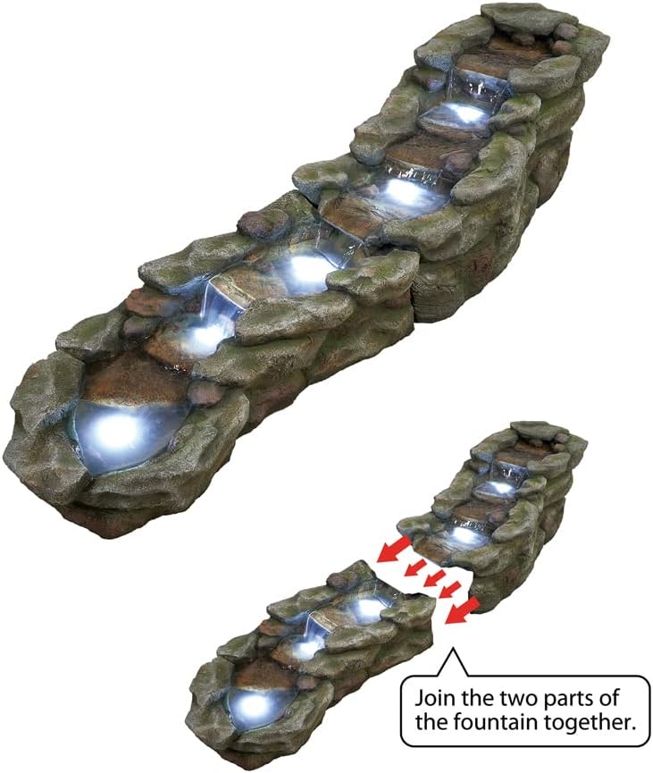 SunJet Outdoor Rock Water Fountain with LED Lights, 83.4" L x 22" W x 20" H River Stream Waterfall Feature for Home Garden, Yard, Patio, Deck Decor - Soothing Tranquility Floor-Standing Fountain