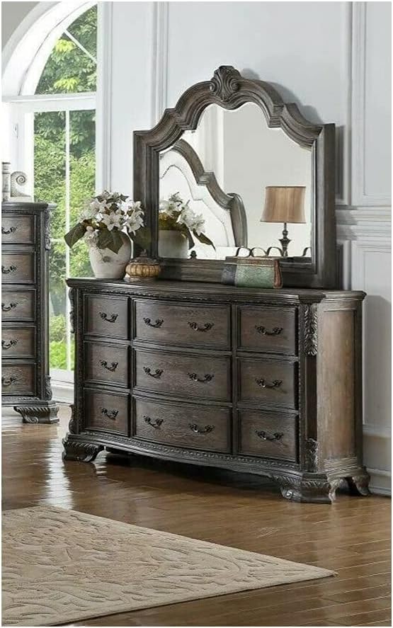 Grey 4 Piece Traditional Style King Size Bedroom Set Furniture Bed Dresser Mirror Nightstand Department Hardwood Solid Wood Wooden of Set