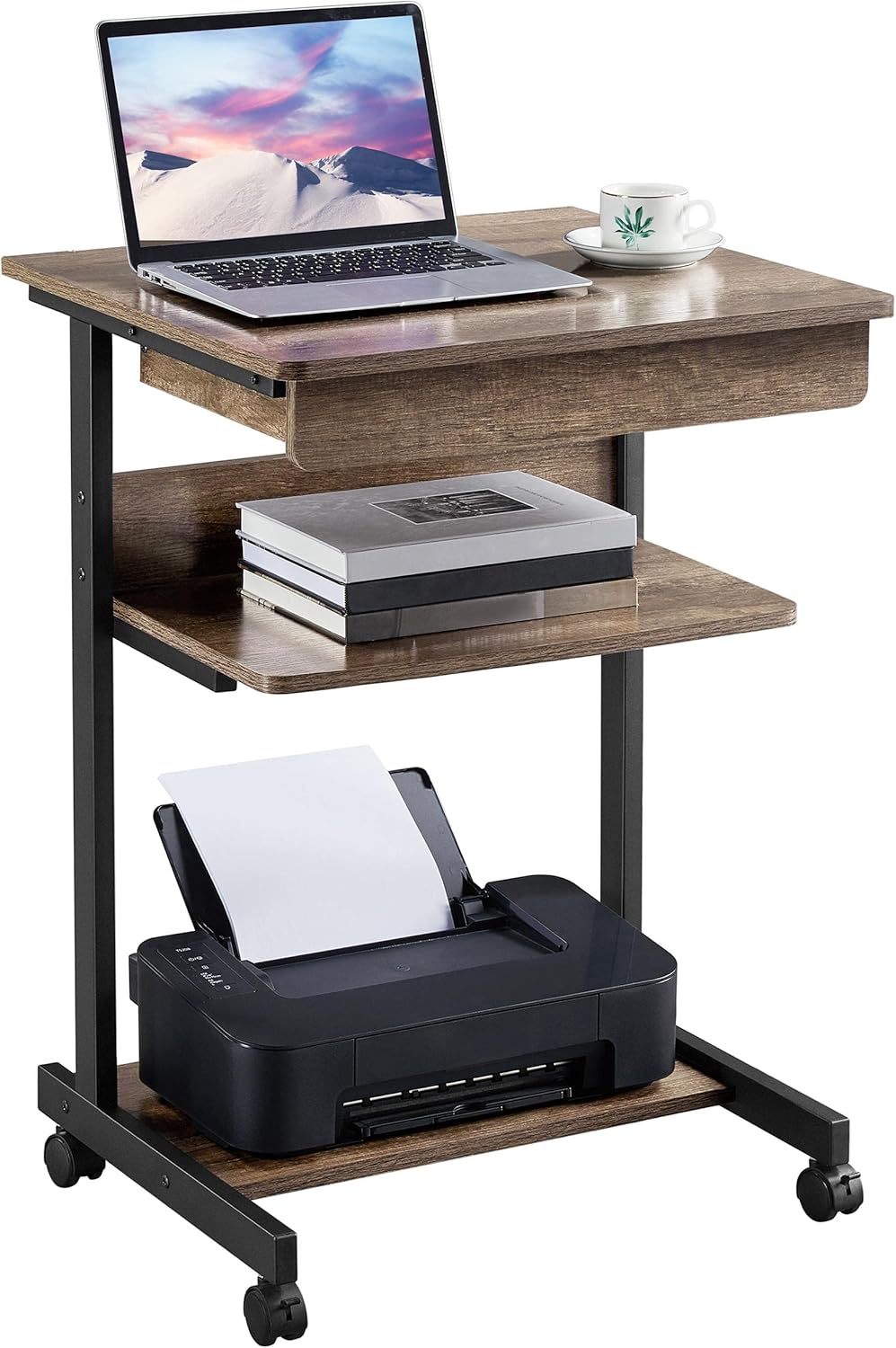 Topeakmart Mobile Compact Computer Desk Cart for Small Spaces, Work Workstation, Writing Desk Table with Drawers and Printer Shelf on Wheels