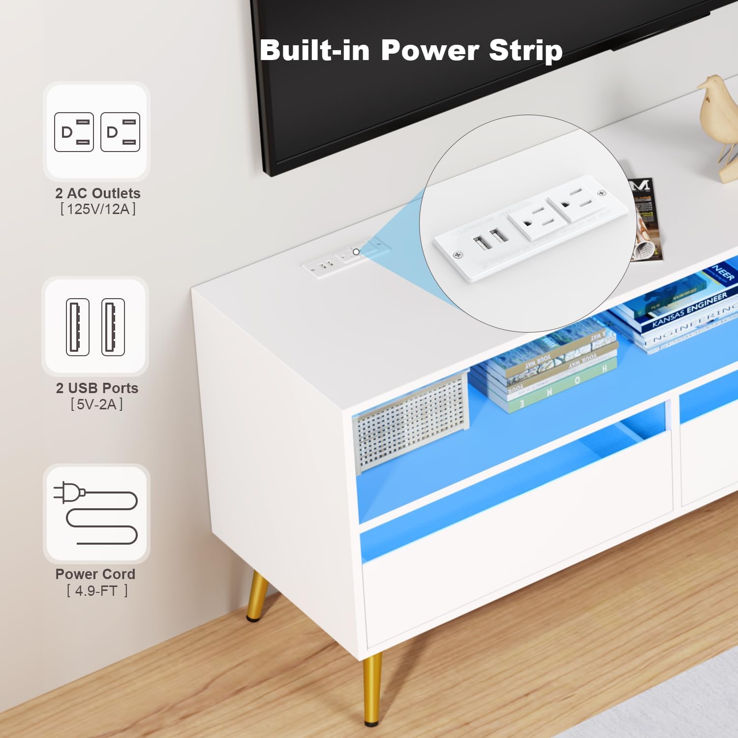 TV Stand 65 inch with LED Light and Power Socket, Modern TV Stand with 3 Drawers, Entertainment Center, Living Room TV Stand for 75 inch TV, White