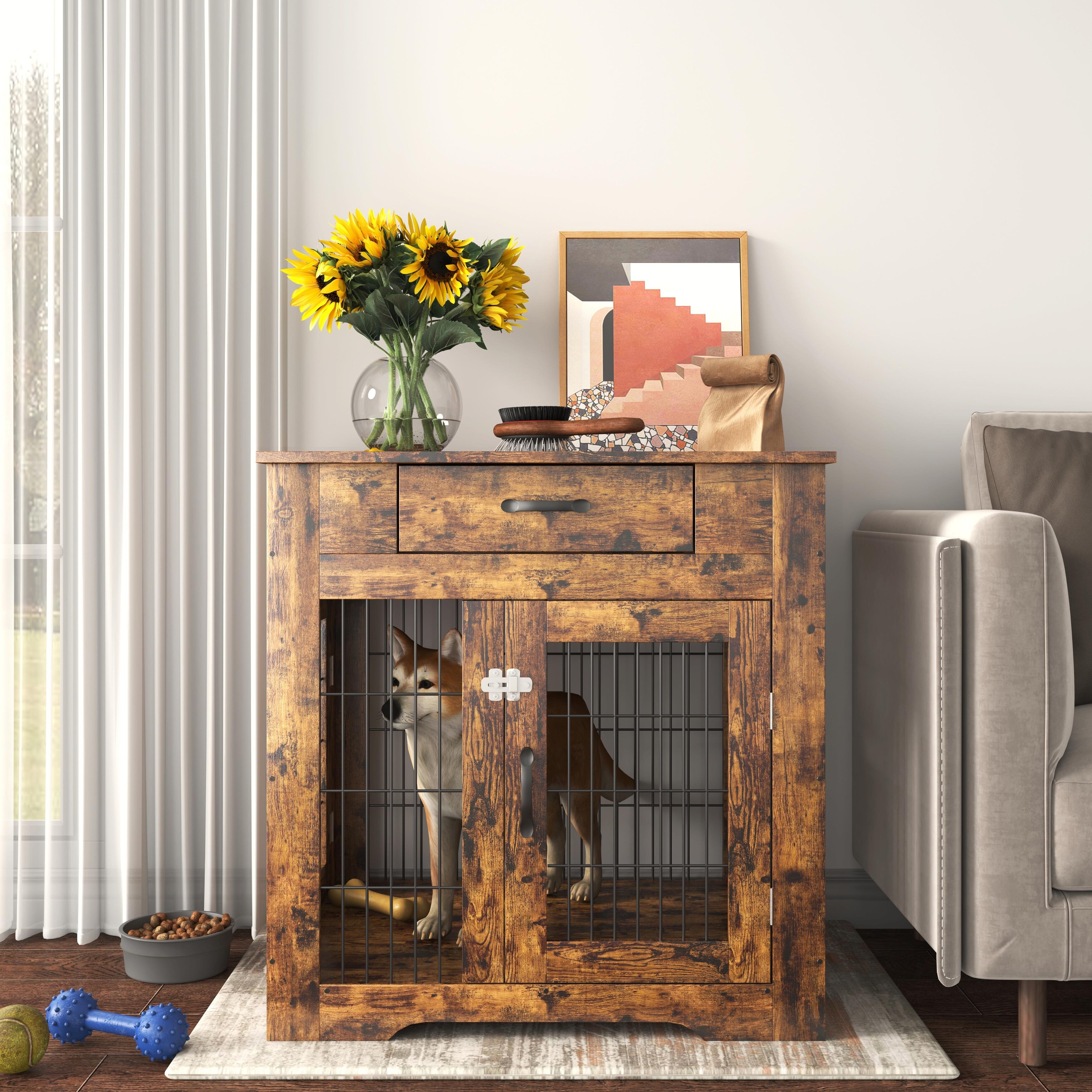 Dog Crate End Table with Drawer - Double Doors - Furniture Style Pet Kennel for Indoor Use Brown
