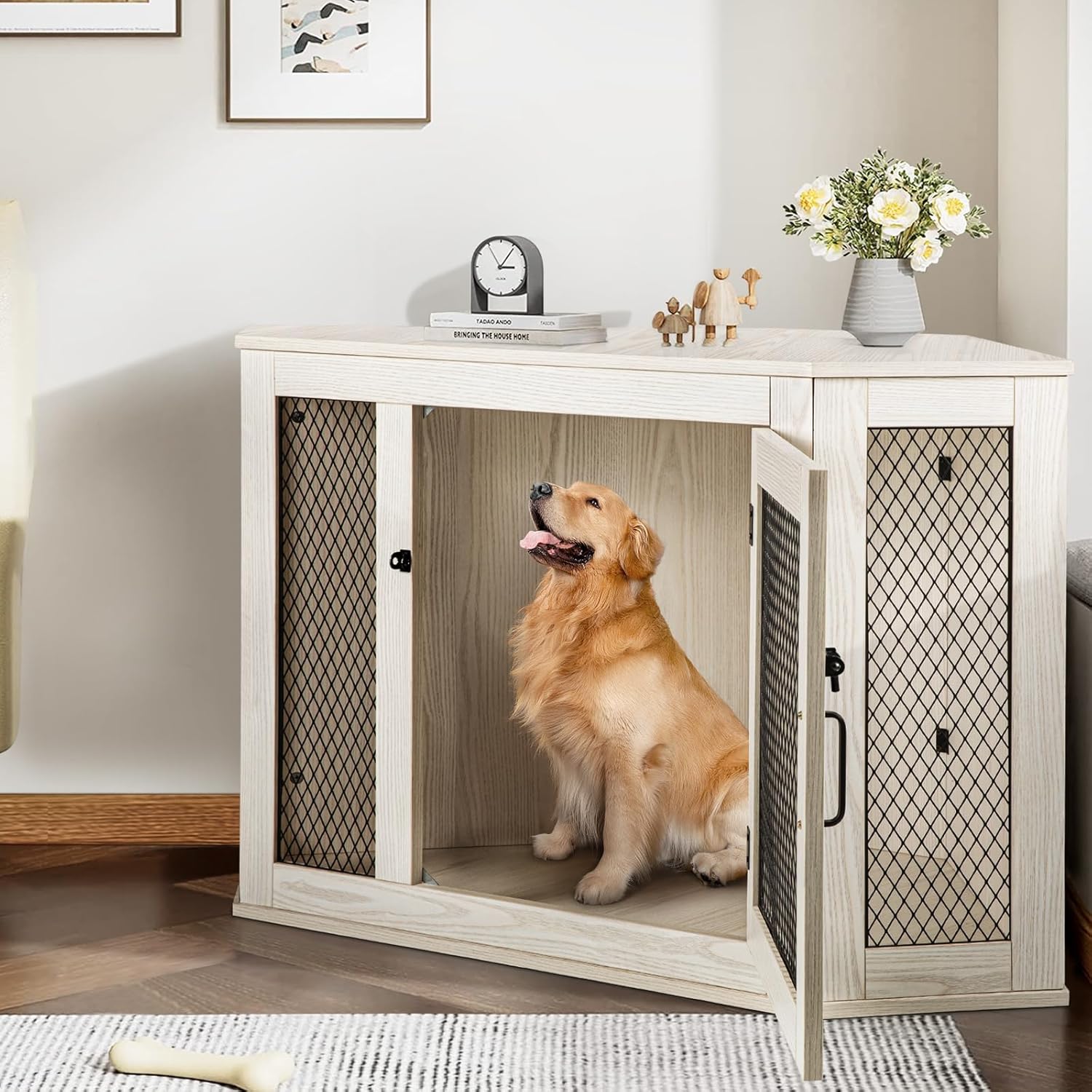 PUKAMI Corner Dog Crate Furniture,44/58inch Wooden Dog Kennel Furniture with Mesh,Decorative Wood Dog House for Indoor use,Dog Crate for Small/Medium/Large Dog,Perfect for Limited Room
