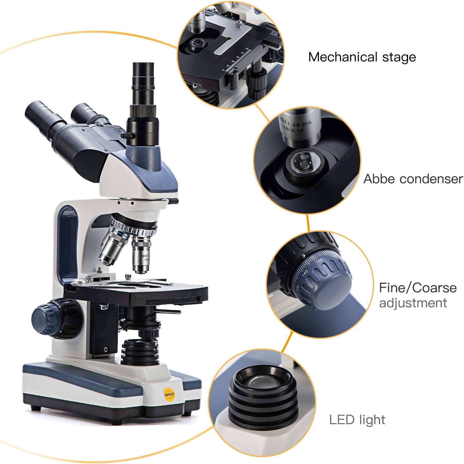 Swift Trinocular Compound Microscope SW350T,40X-2500X Magnification,Siedentopf Head,Research-Grade,Two-Layer Mechanical Stage,1.3mp Camera and Software Windows and Mac Compatible