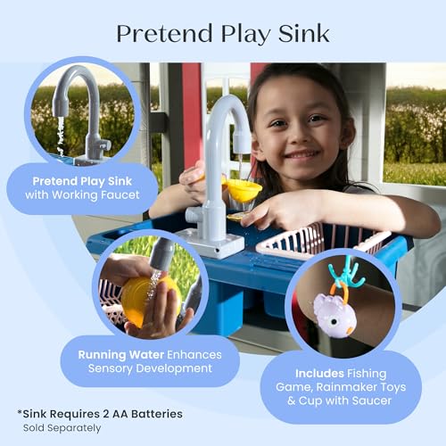 Delta Children MySize Deluxe Outdoor Playhouse with Play Sink with Running Water, Picnic Table & Mailbox – Premium Wooden Cedar Playhouse for Kids, Grey