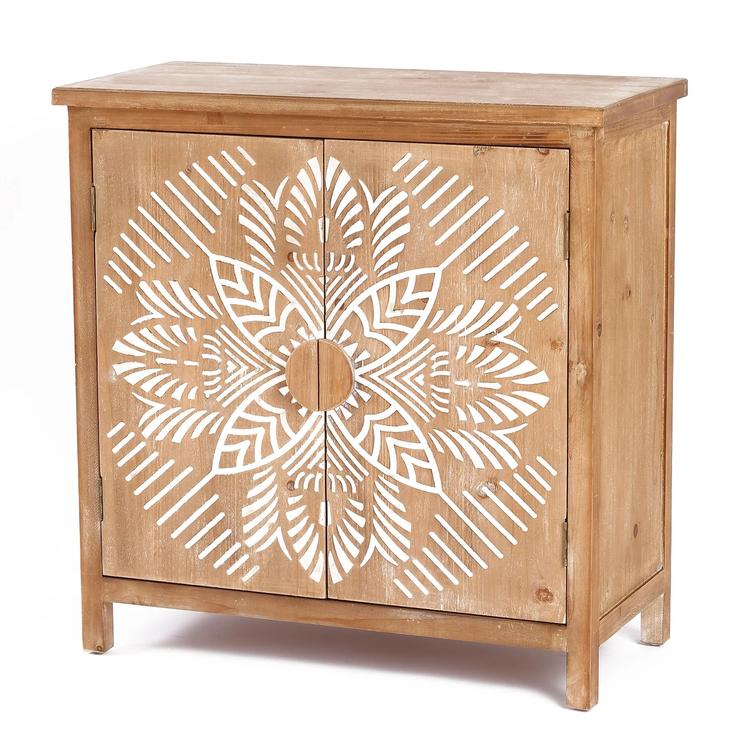 LuxenHome Natural Wood Floral 2-Door Storage Cabinet