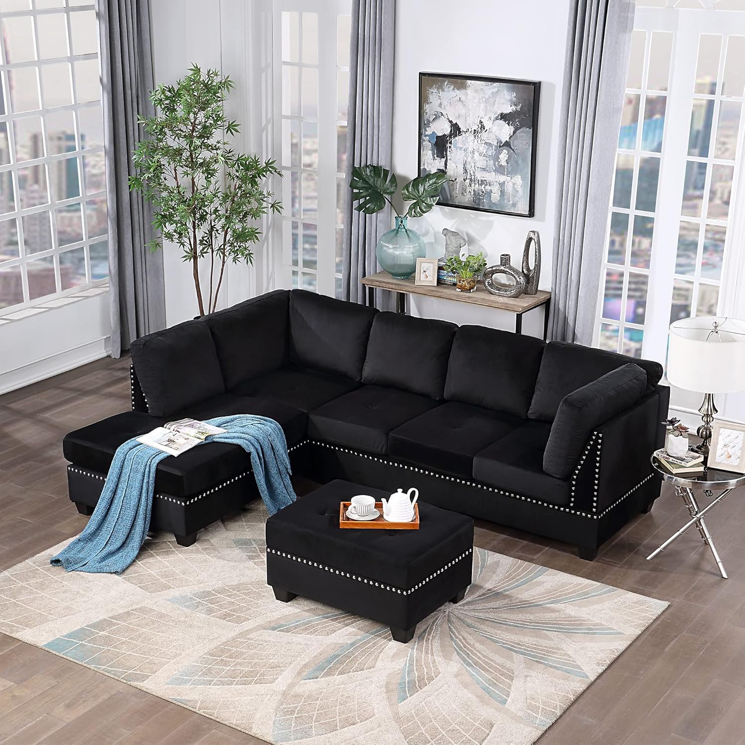 Yoglad Reversible Sectional Sofa with Storage and Chaise Lounge Couch, Wooden Frame L-Shaped Corner Sofa Set with Ottoman, Furniture Set for Living Room (Black)