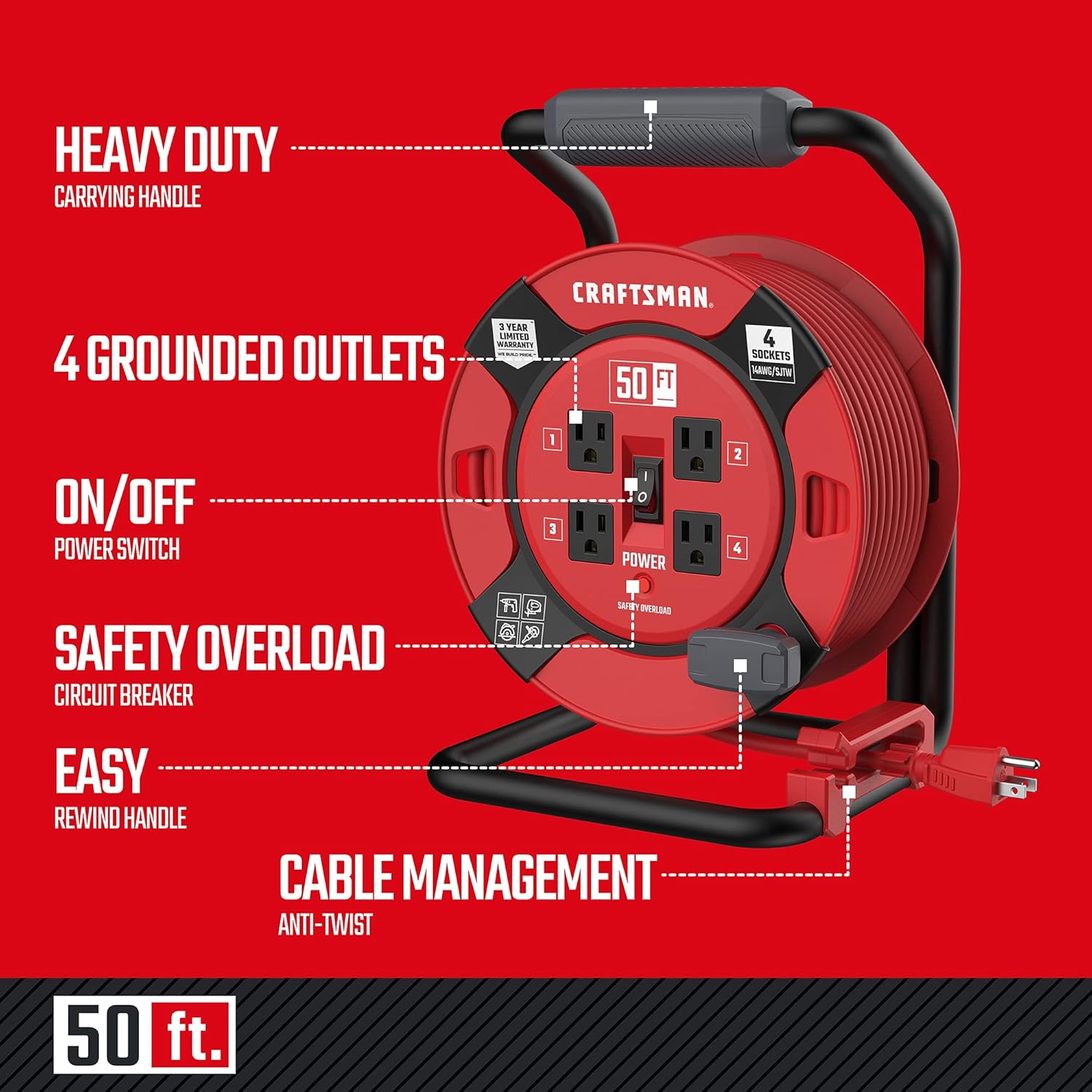 CRAFTSMAN Heavy Duty Retractable Extension Cord, 100 feet with 4 Outlets - 14AWG SJTW Cable - Outdoor Power Cord Reel