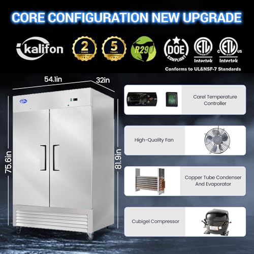 54"W Commercial Freezer 2 Solid Door, 49 Cu.ft Reach-in Stainless Steel Freezer, Upright Fan Cooling for Restaurant, Bar, Home, Shop (Equip 8 Shelves) - kalifon Warehouse Shipments