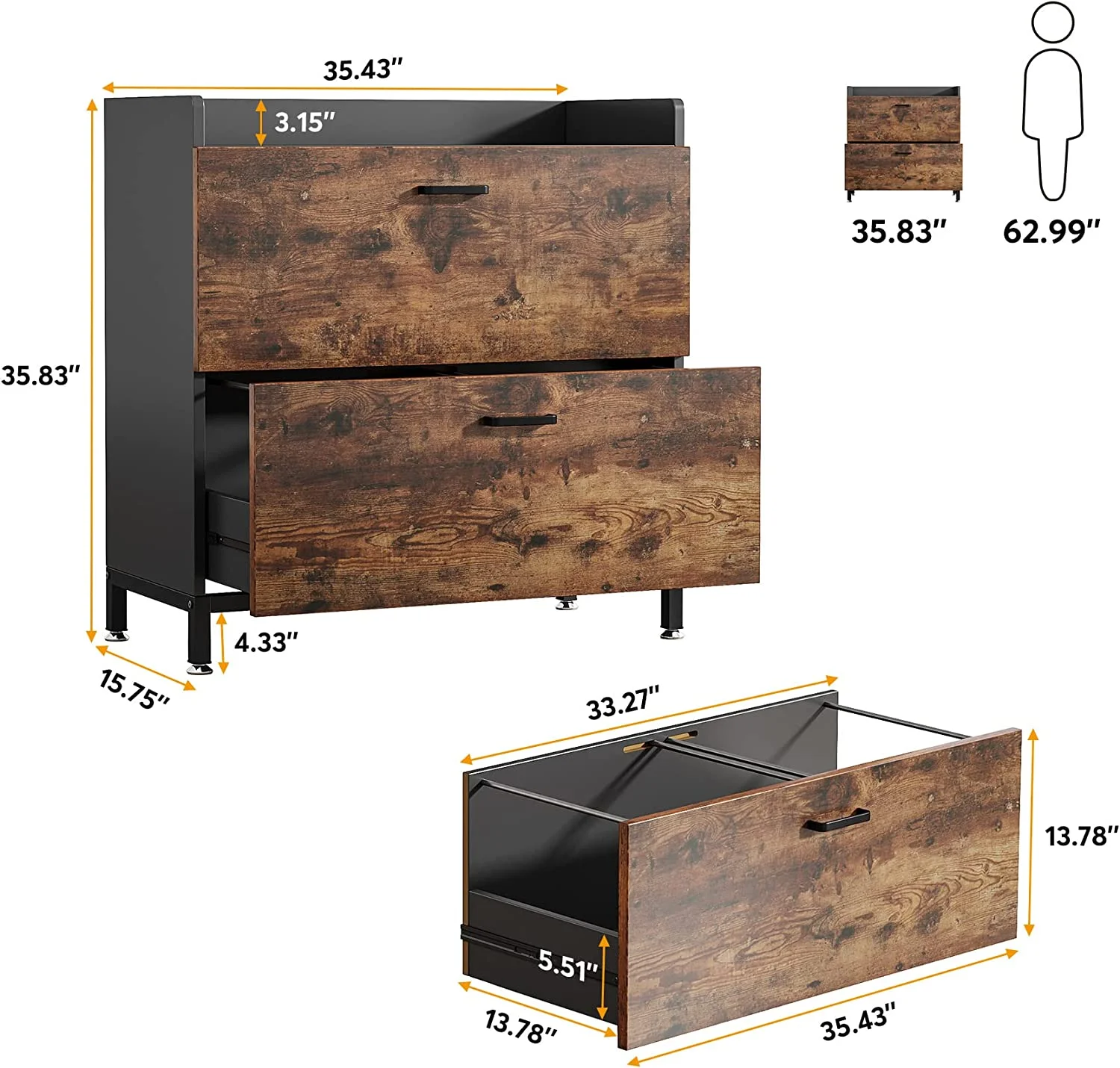 Tribesigns Lateral File Cabinets, Industrial Wood 2-Drawer Filing Cabinets for Hanging Files Letter/Legal/F4/A4 Size, Rustic Brown