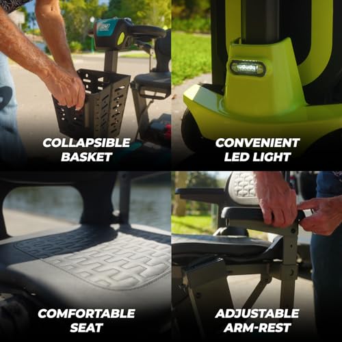 Mojo Auto-Folding Mobility Scooter for Adults - Remote Control | Lightweight | 300lb Weight Capacity | Long Range Power Extended Battery and Comfortable Seat, Basket and Front LED Light - Lemony-Lime