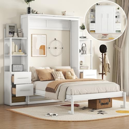 P PURLOVE Queen Size Murphy Bed,Solid Wood Murphy Cabinet Bed with Shelves and LED Lights,Wall Bed for Guest Room,Study,Office,White