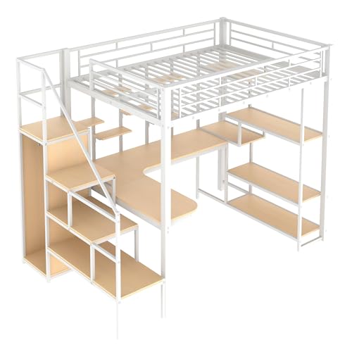 Full Size Metal Loft Bed with Storage Staircase and Small Wardrobe, Built-in Desk and Storage Shelves loft bed with desk and storage (Black)