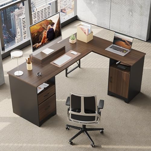 Bestier L Shaped Desk with File Drawers, 63" x 47" Office Computer Desk with Storage Cabinet, Corner Desk with Monitor Stand & Modesty Panel for Home Office, Gray