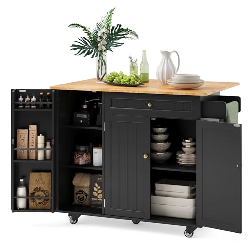 Ahomly Kitchen Island with Storage, Island Table for Kitchen with Drop Leaf, 5 Wheels, Interal Storage Rack, a Drawer, Spicy Rack and Towel Bar, Sufficient Countertop Space and Storage, White