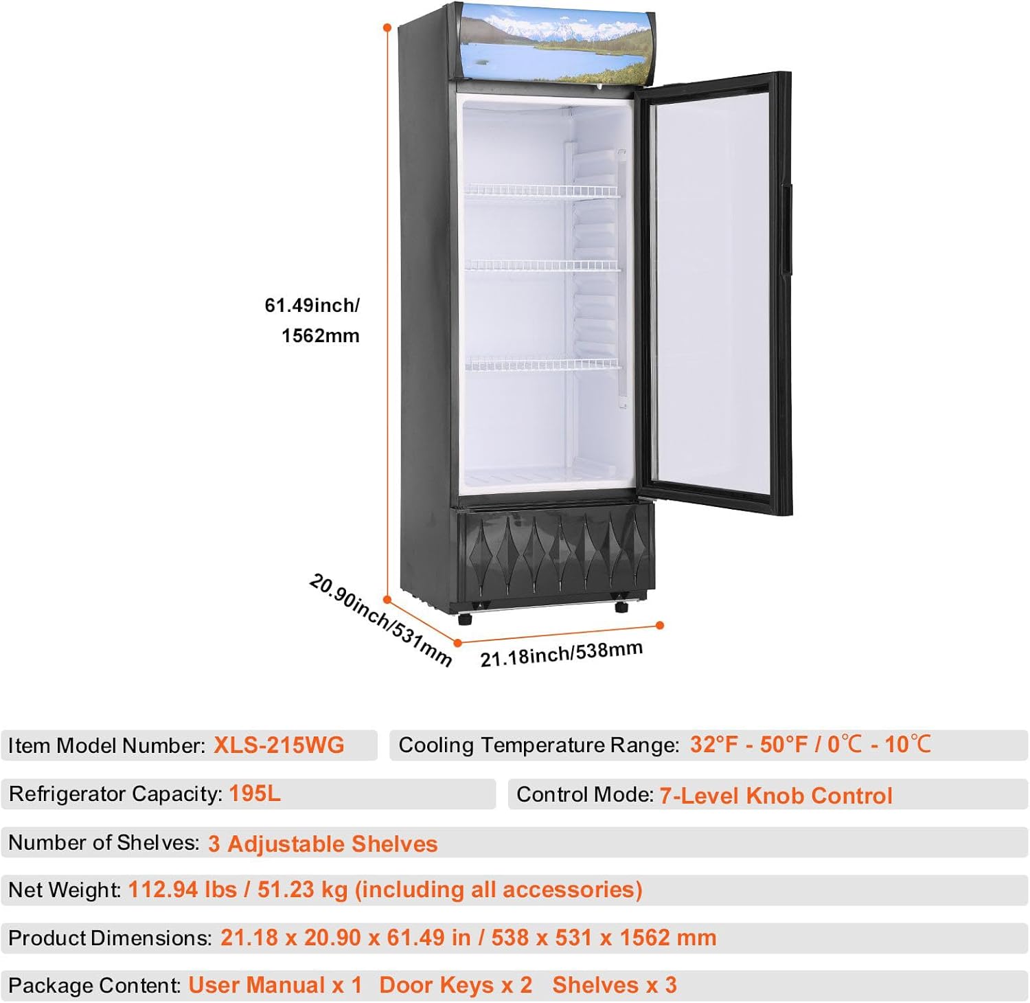 Commercial Merchandiser Refrigerator 6.8 Cu.Ft Beverage Cooler Glass Door Display Upright Fridge with 3 Adjustable Shelves Customizable Lightbox, None*None*None, black, 1XBV003142