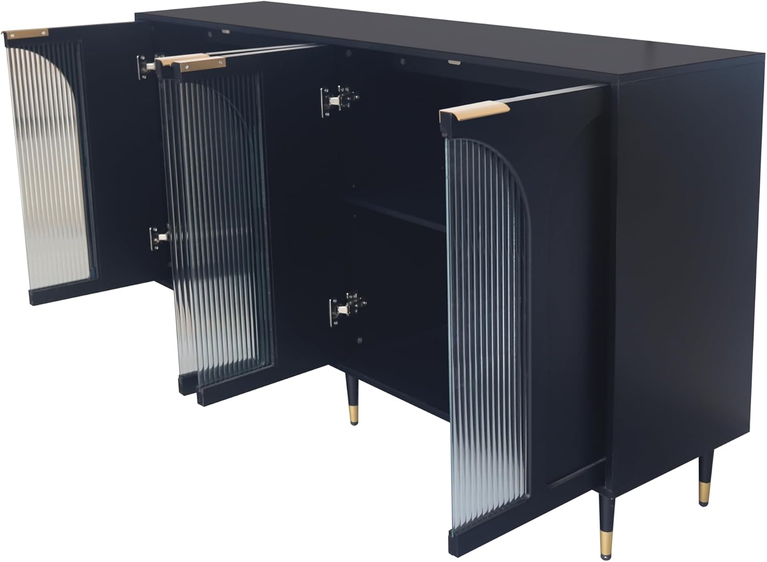 Buffet Cabinets with Lockers, Accent Lockers with Black Lacquered Wood and 4 Fluted Glass Doors, with Metal Legs, Modern Kitchen Sideboards, Used in Living Rooms,Entryway,Dining Rooms.